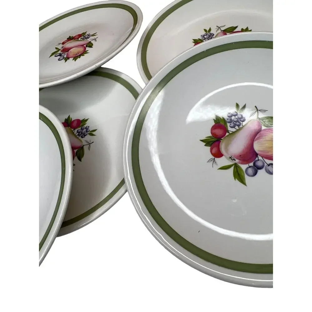 Vintage Set 5 Ridgway Pottery Fruit Plates Evesham England Green Border Dessert